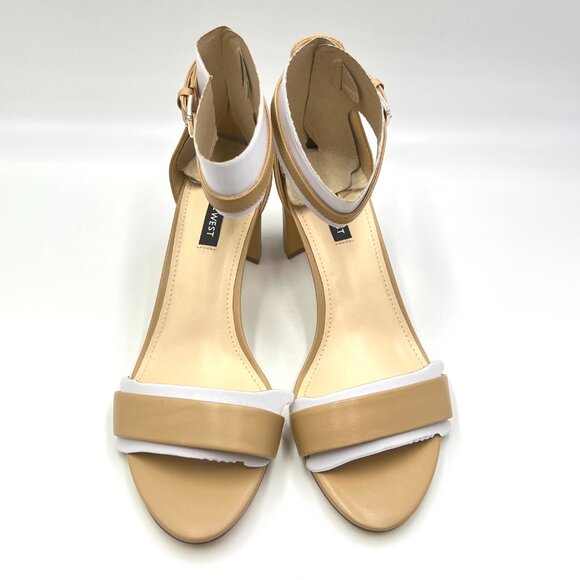 10W 10 WIDE WIDTH Nine West Pruce Nude Beige Tan Leather Heel Sandals Shoes - Picture 2 of 12